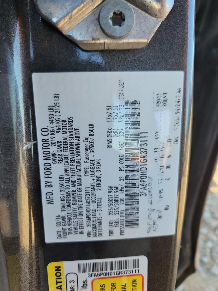 2016 Ford Fusion Se VIN: 3FA6P0HD1GR373111 Lot: 90027665