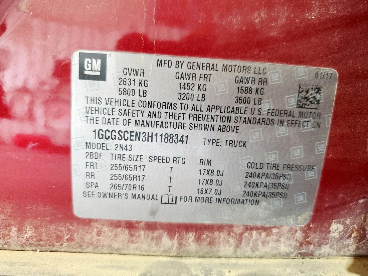 2017 Chevrolet Colorado Lt VIN: 1GCGSCEN3H1188341 Lot: 81973595