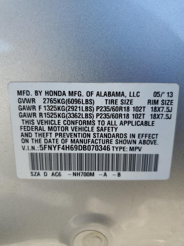 2013 Honda Pilot Exl VIN: 5FNYF4H69DB070346 Lot: 85763945
