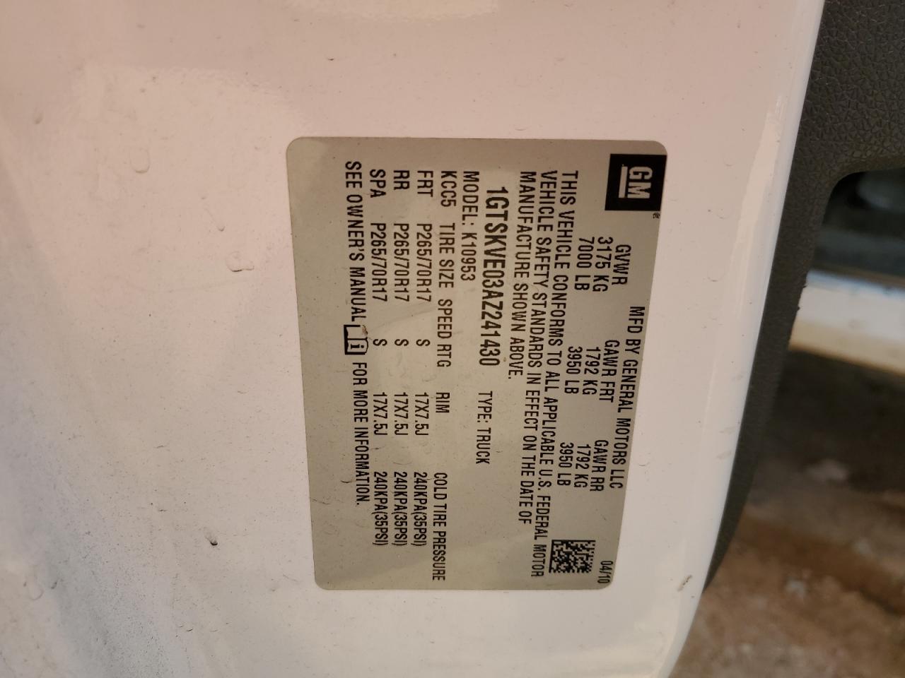 2010 GMC Sierra K1500 Sle VIN: 1GTSKVE03AZ241430 Lot: 82417815