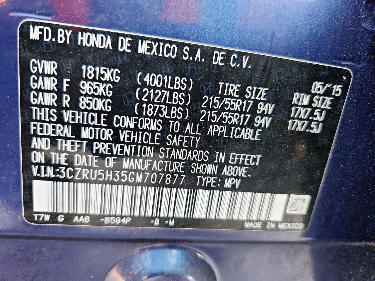 2016 Honda Hr-V Lx VIN: 3CZRU5H35GM707877 Lot: 82345245