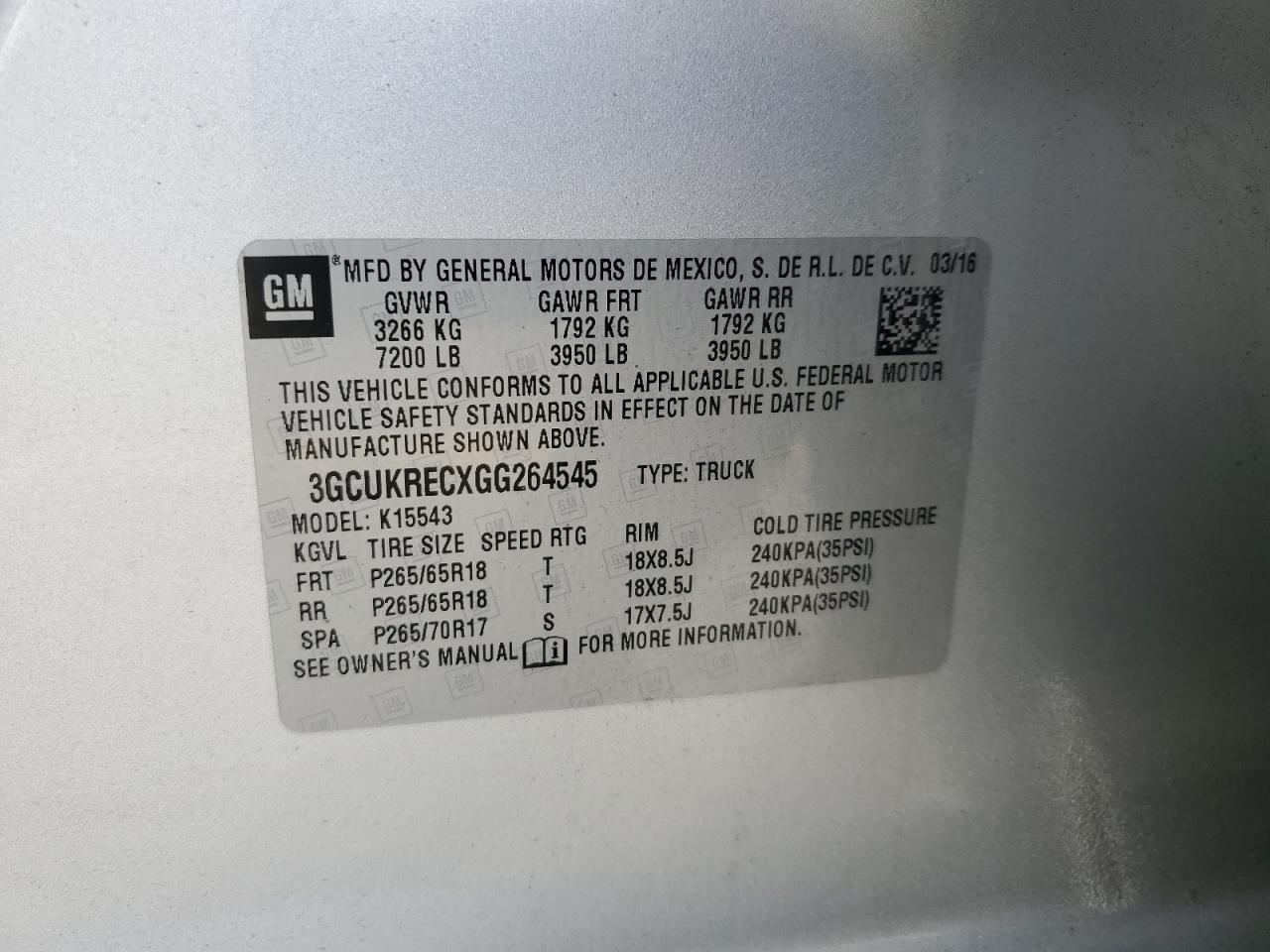 2016 Chevrolet Silverado K1500 Lt VIN: 3GCUKRECXGG264545 Lot: 85339295