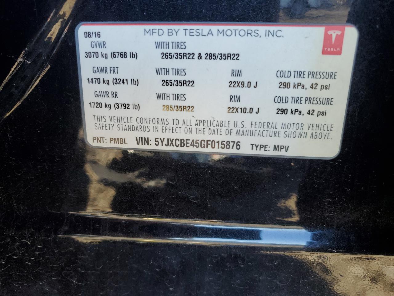 2016 Tesla Model X VIN: 5YJXCBE45GF015876 Lot: 90136305