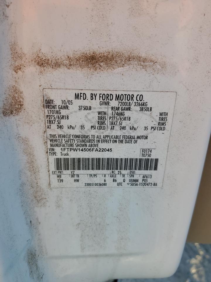 2006 Ford F150 Supercrew VIN: 1FTPW14506FA22045 Lot: 87292005