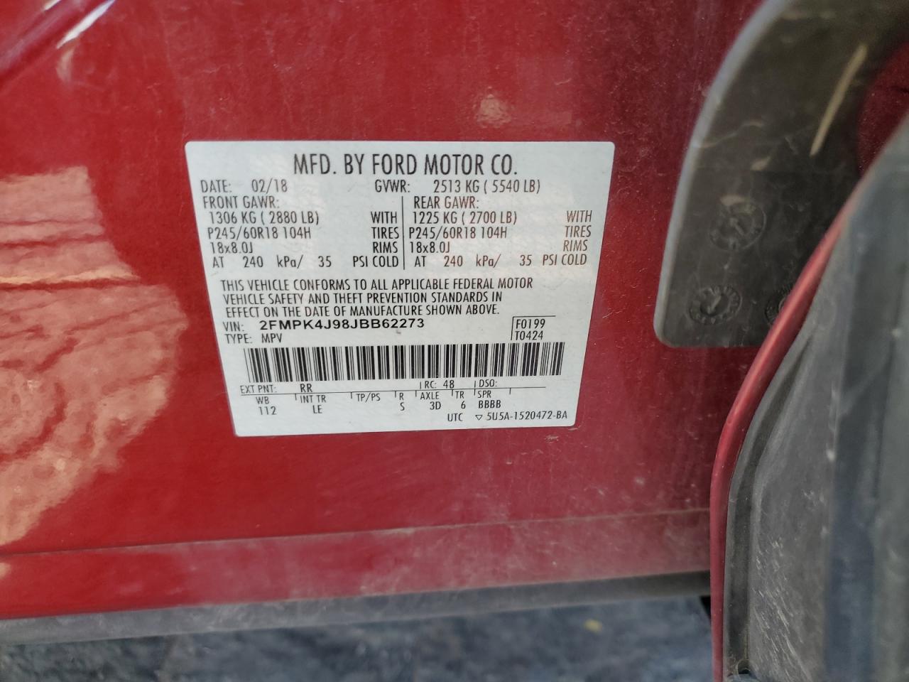 2018 Ford Edge Sel VIN: 2FMPK4J98JBB62273 Lot: 84989905