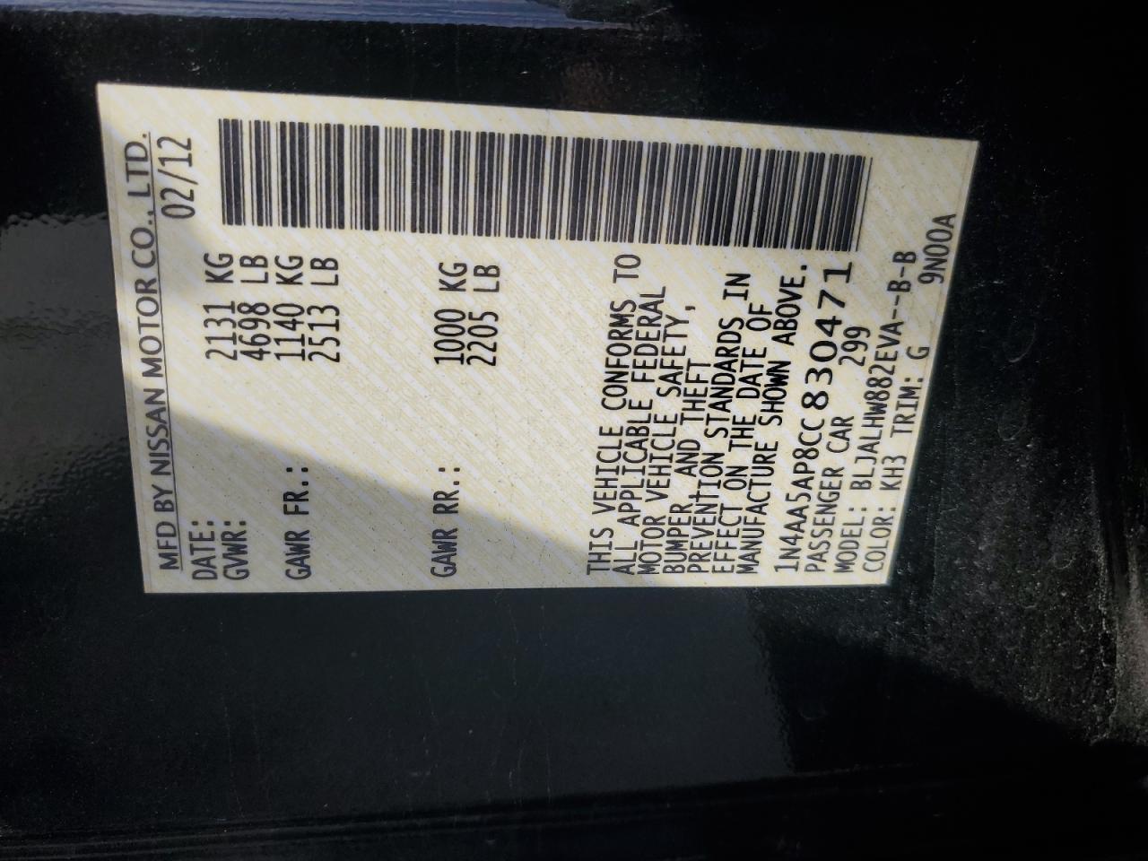 2012 Nissan Maxima S VIN: 1N4AA5AP8CC830471 Lot: 82642015