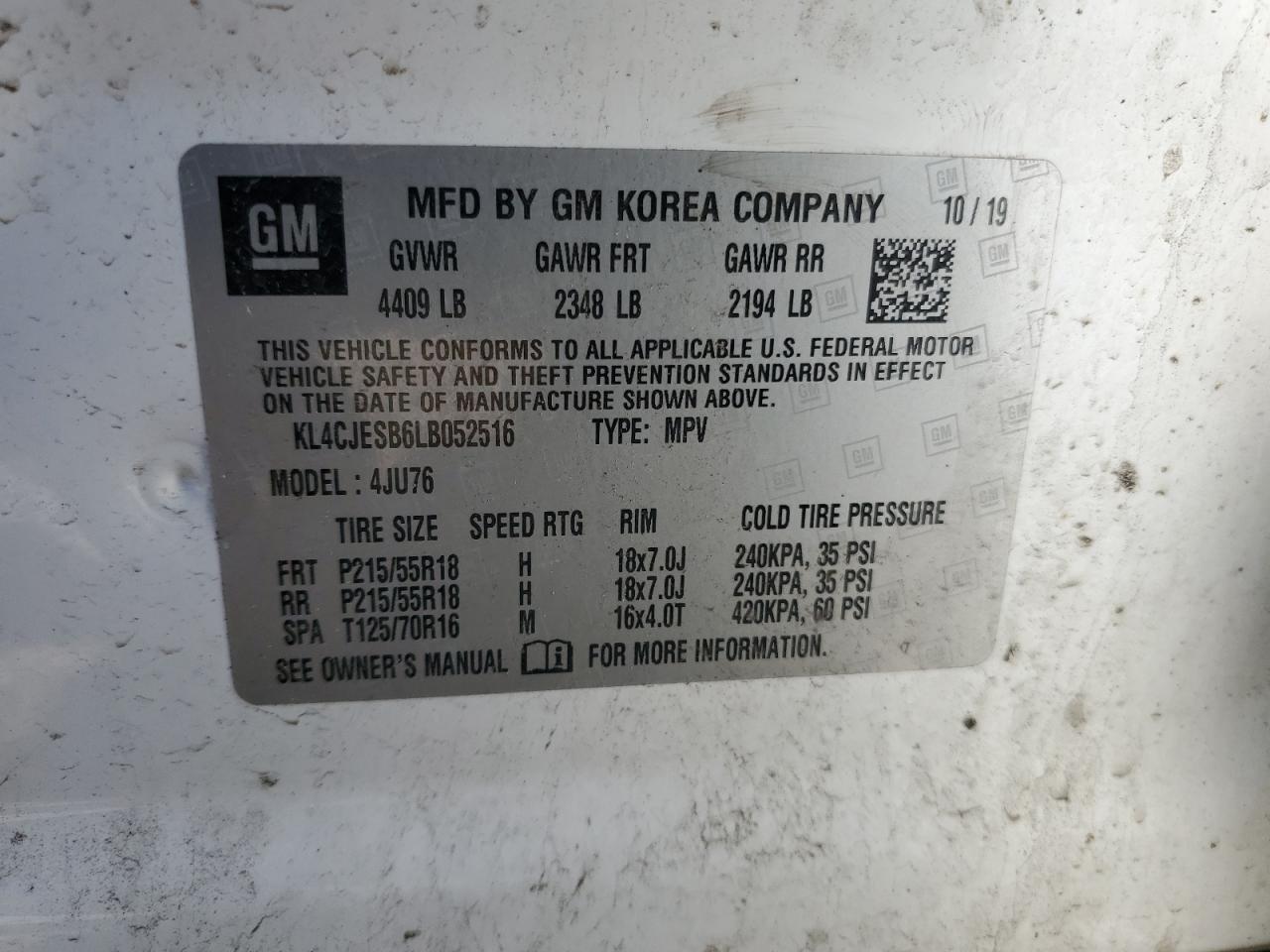 2020 Buick Encore Preferred VIN: KL4CJESB6LB052516 Lot: 86264555