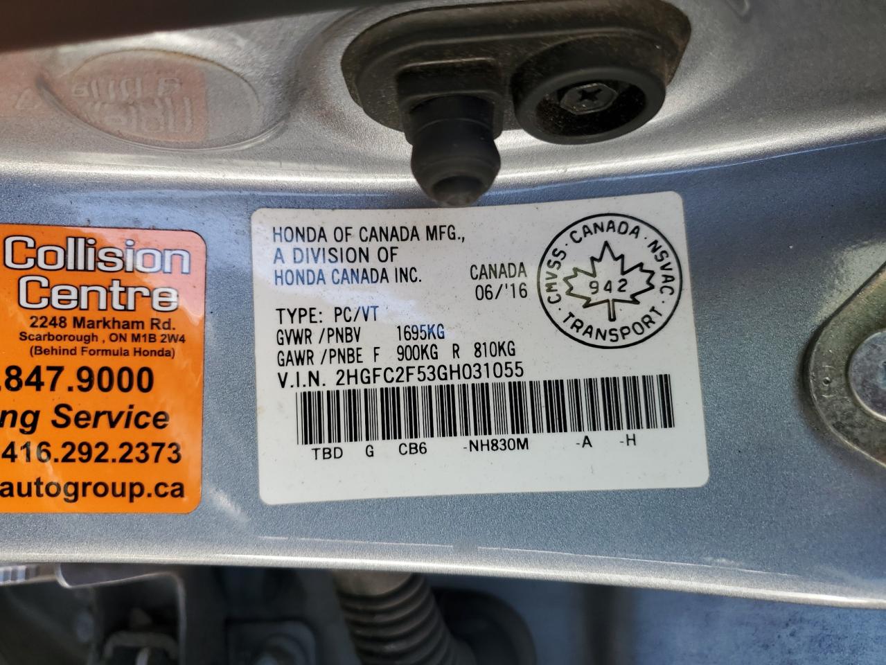 2016 Honda Civic Lx VIN: 2HGFC2F53GH031055 Lot: 84954915