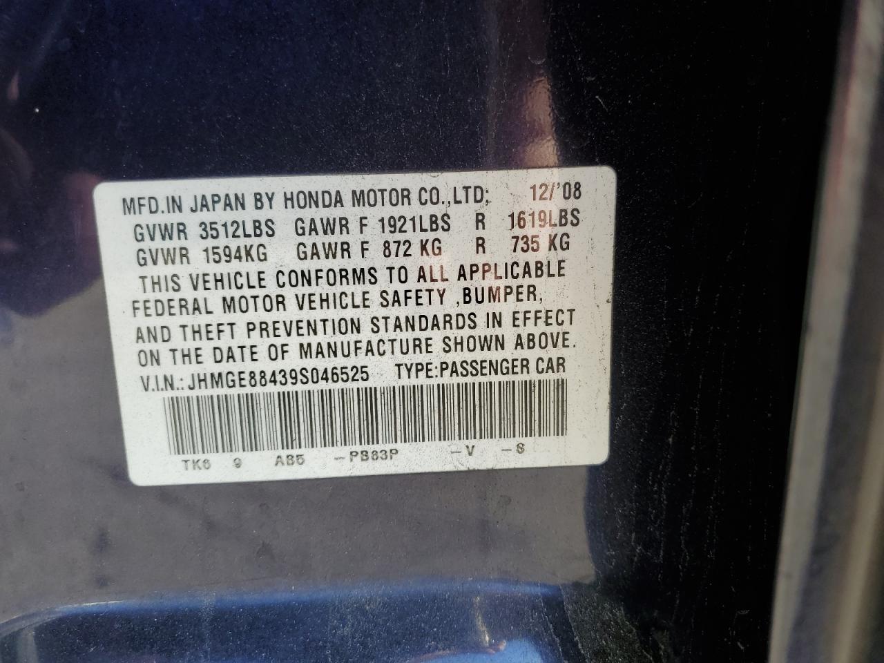 2009 Honda Fit VIN: JHMGE88439S046525 Lot: 86508755