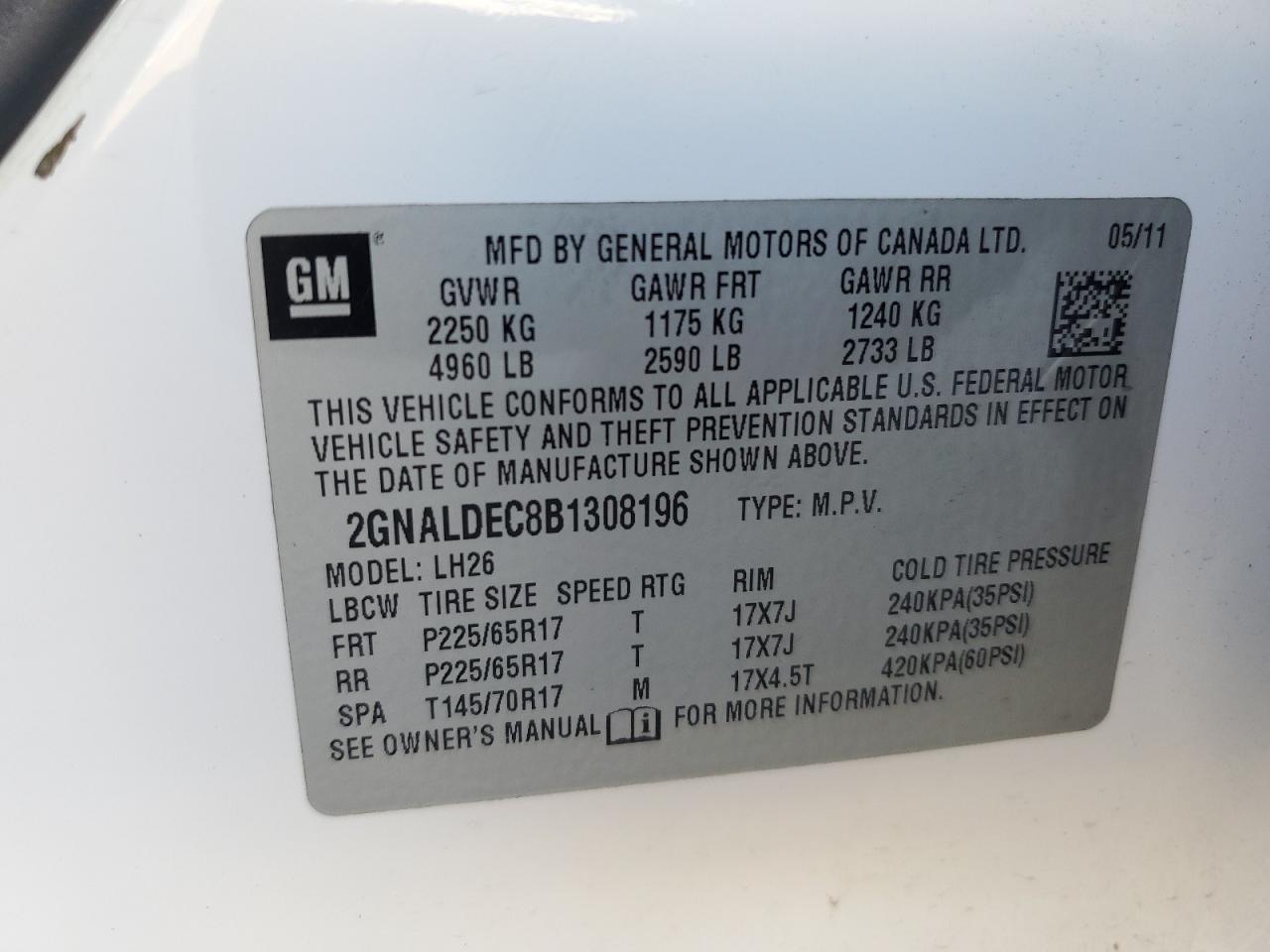 2011 Chevrolet Equinox Lt VIN: 2GNALDEC8B1308196 Lot: 84883345