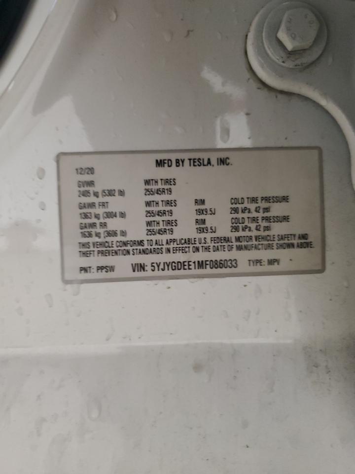 2021 Tesla Model Y VIN: 5YJYGDEE1MF086033 Lot: 85854375