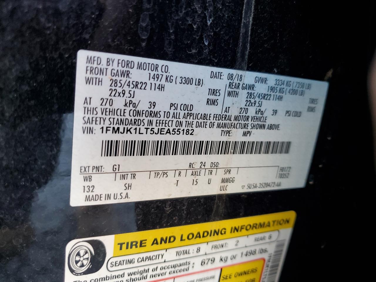 2018 Ford Expedition Max Platinum VIN: 1FMJK1LT5JEA55182 Lot: 86223195