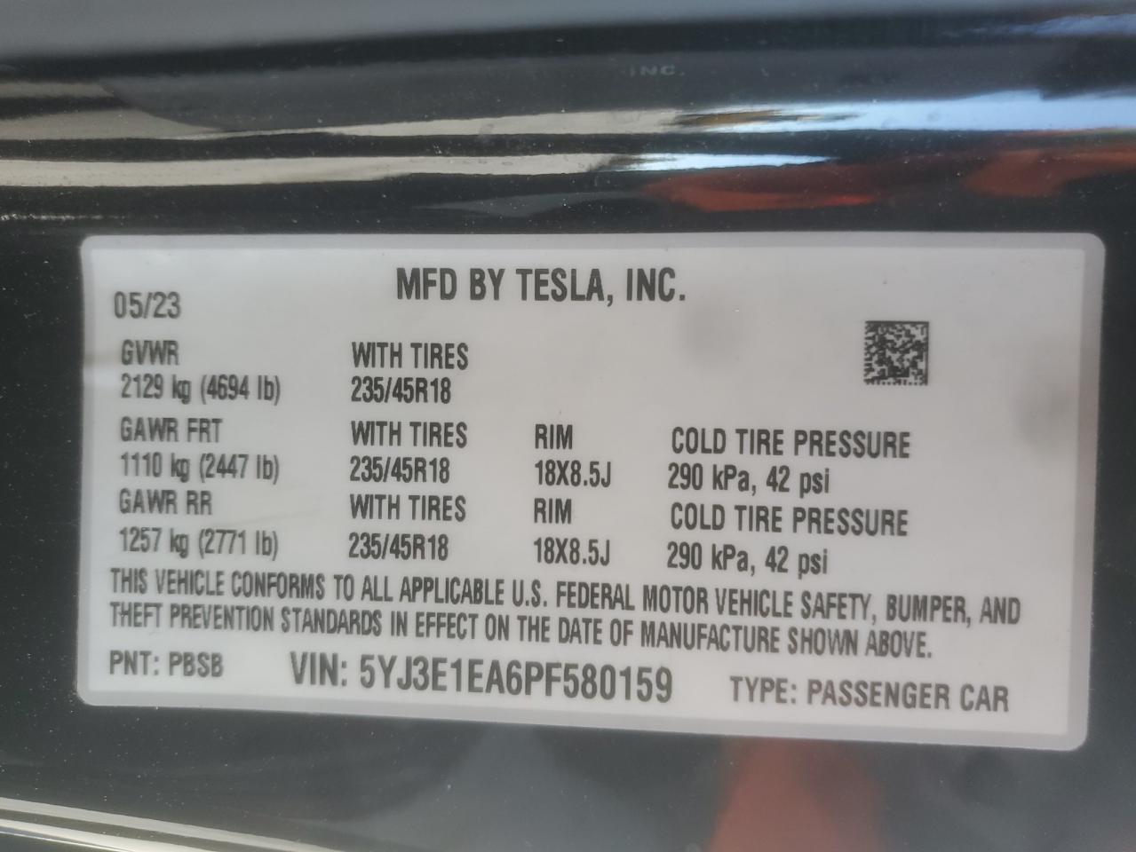 2023 Tesla Model 3 VIN: 5YJ3E1EA6PF580159 Lot: 85003115