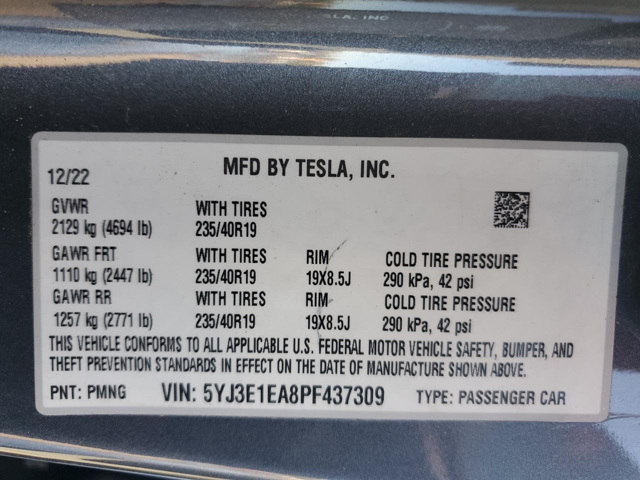 2023 Tesla Model 3 VIN: 5YJ3E1EA8PF437309 Lot: 84890715