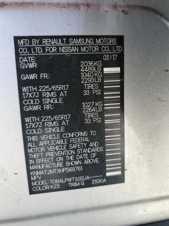 2017 Nissan Rogue S VIN: KNMAT2MTXHP569761 Lot: 84815395