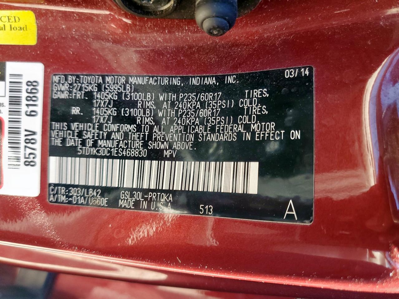 2014 Toyota Sienna Xle VIN: 5TDYK3DC1ES468830 Lot: 85565925