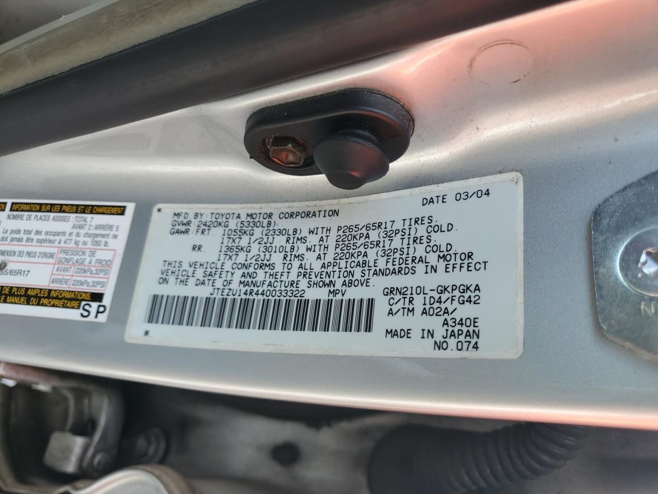 2004 Toyota 4Runner Sr5 VIN: JTEZU14R440033322 Lot: 81987085