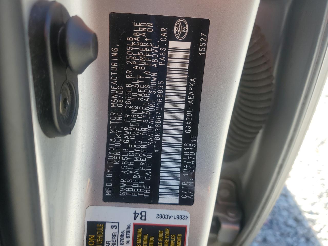 2007 Toyota Avalon Xl VIN: 4T1BK36B67U168835 Lot: 91064995