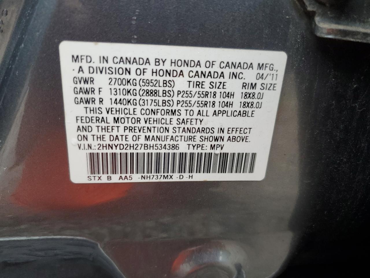 2011 Acura Mdx VIN: 2HNYD2H27BH534386 Lot: 85748375