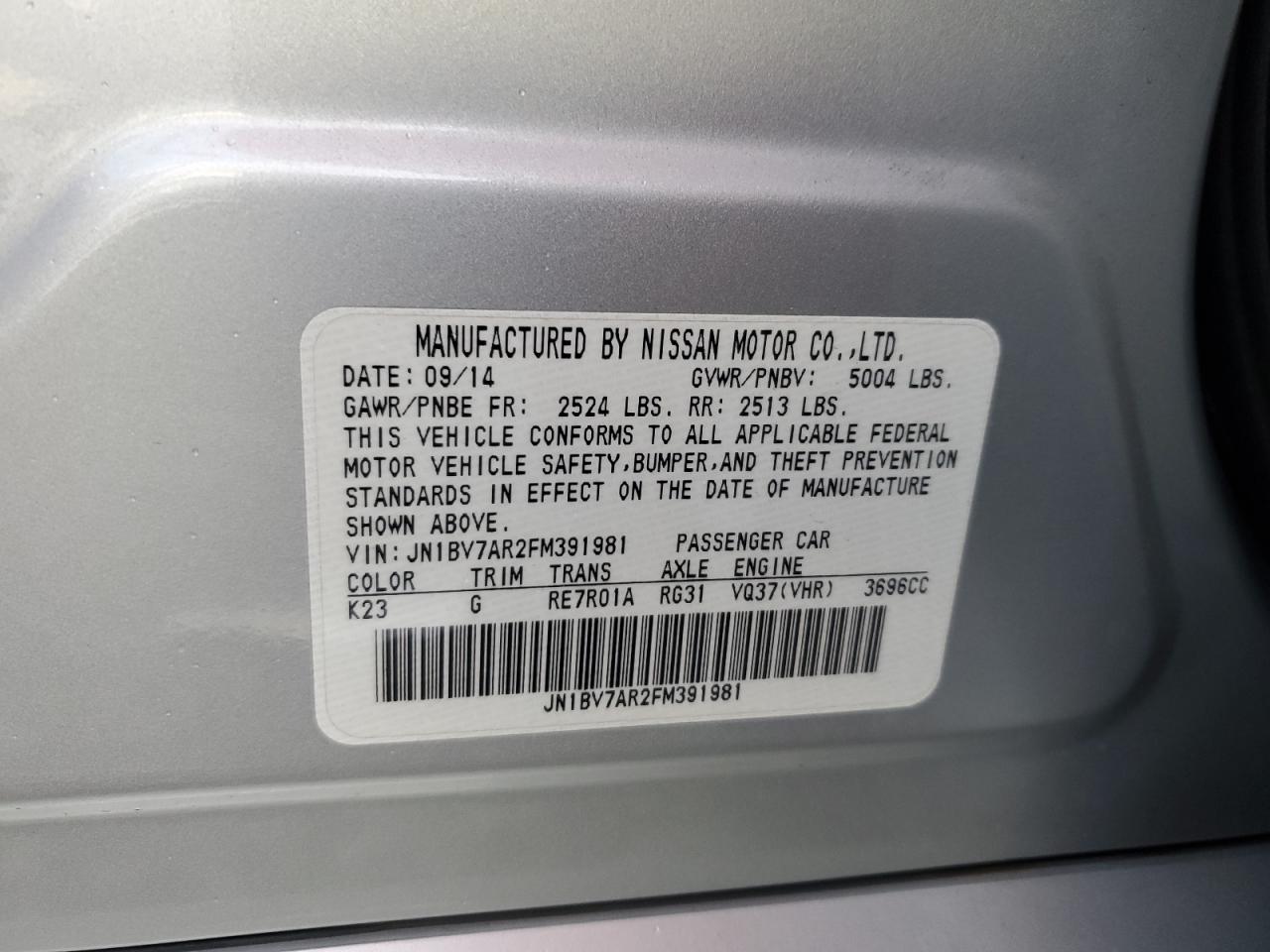 2015 Infiniti Q50 Base VIN: JN1BV7AR2FM391981 Lot: 91044035