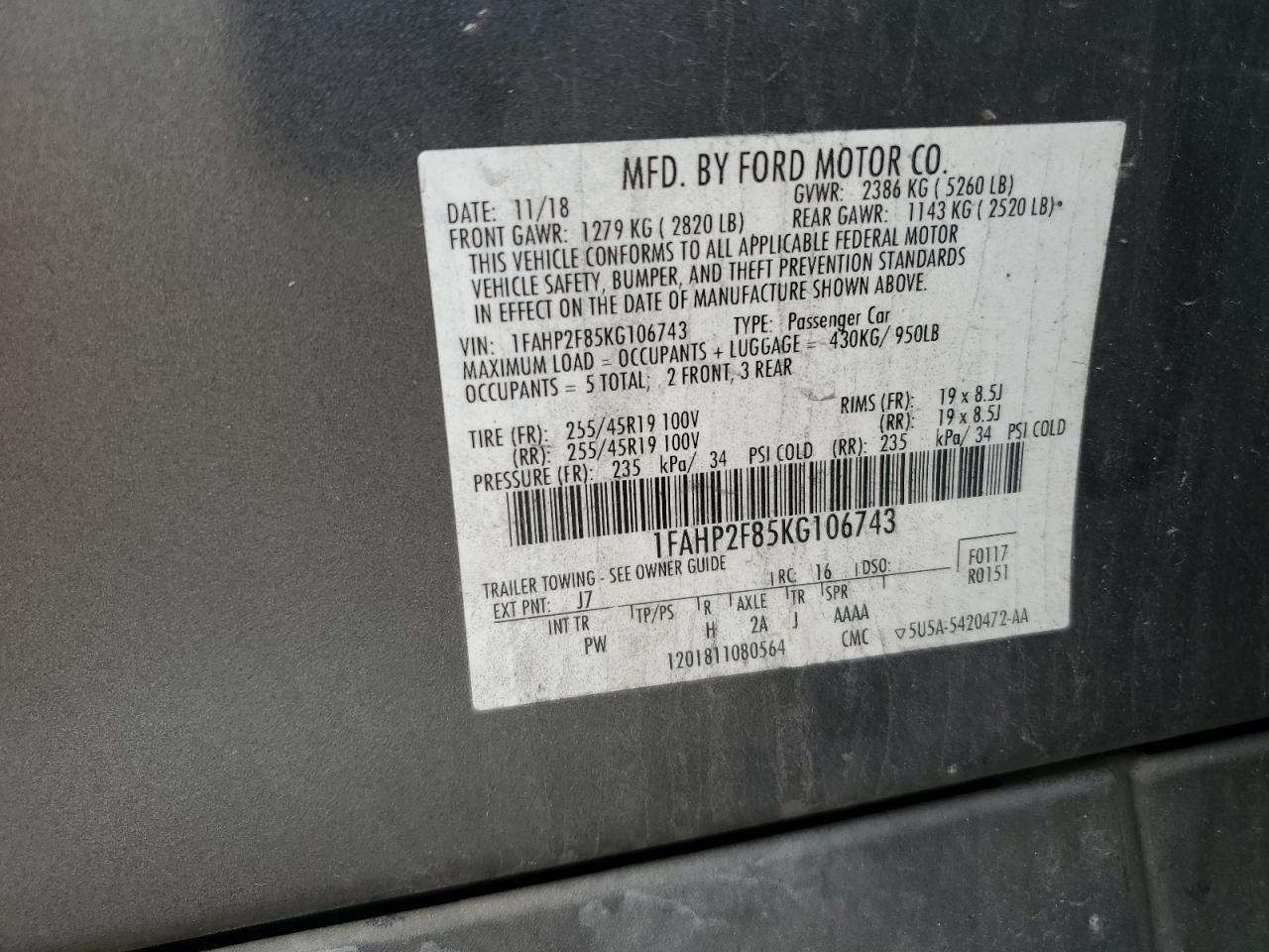 2019 Ford Taurus Limited VIN: 1FAHP2F85KG106743 Lot: 82005825