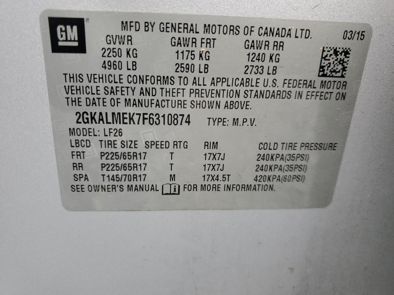 2015 GMC Terrain Sle VIN: 2GKALMEK7F6310874 Lot: 82743225