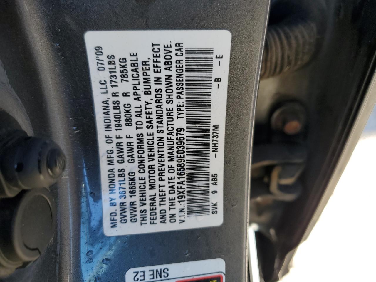 2009 Honda Civic Lx VIN: 19XFA16589E039679 Lot: 90284645