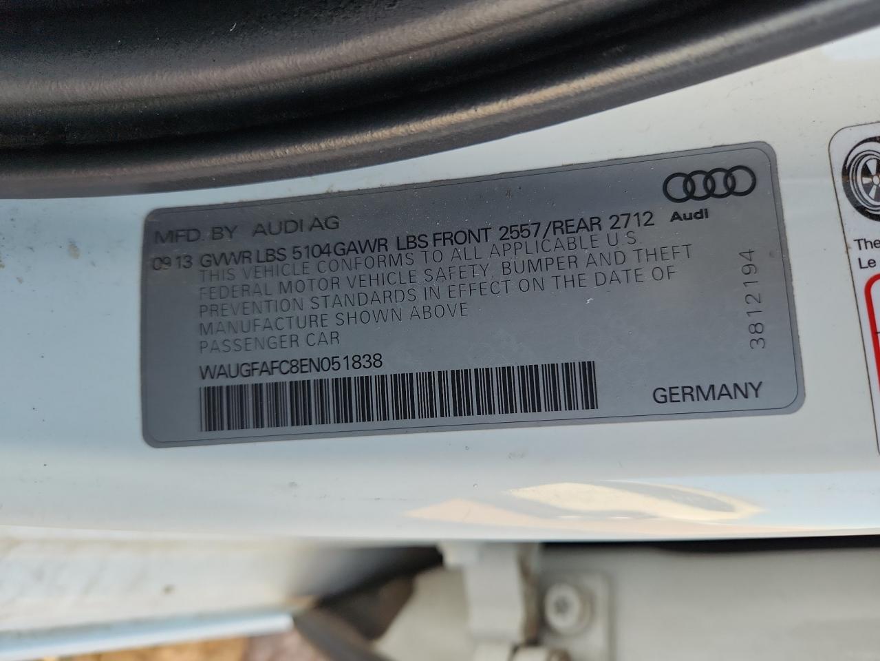 2014 Audi A6 Premium Plus VIN: WAUGFAFC8EN051838 Lot: 90373225