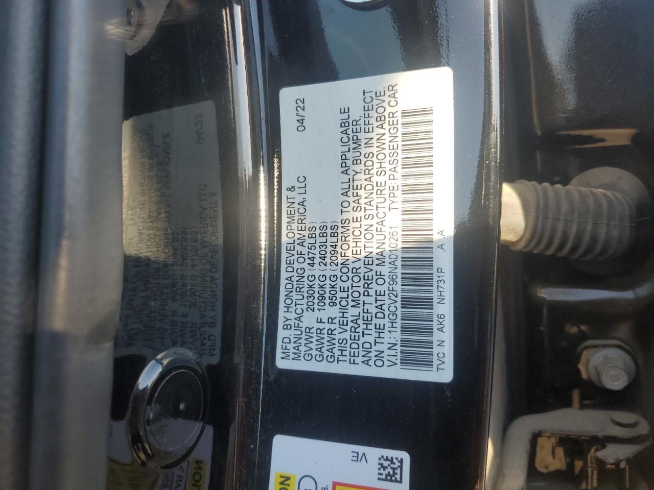 2022 Honda Accord Touring VIN: 1HGCV2F96NA010261 Lot: 81945825