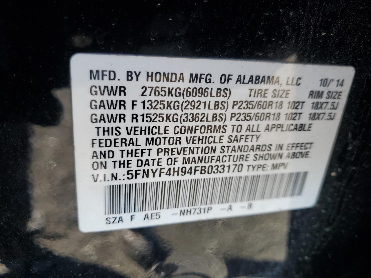 2015 Honda Pilot Touring VIN: 5FNYF4H94FB033170 Lot: 82311455