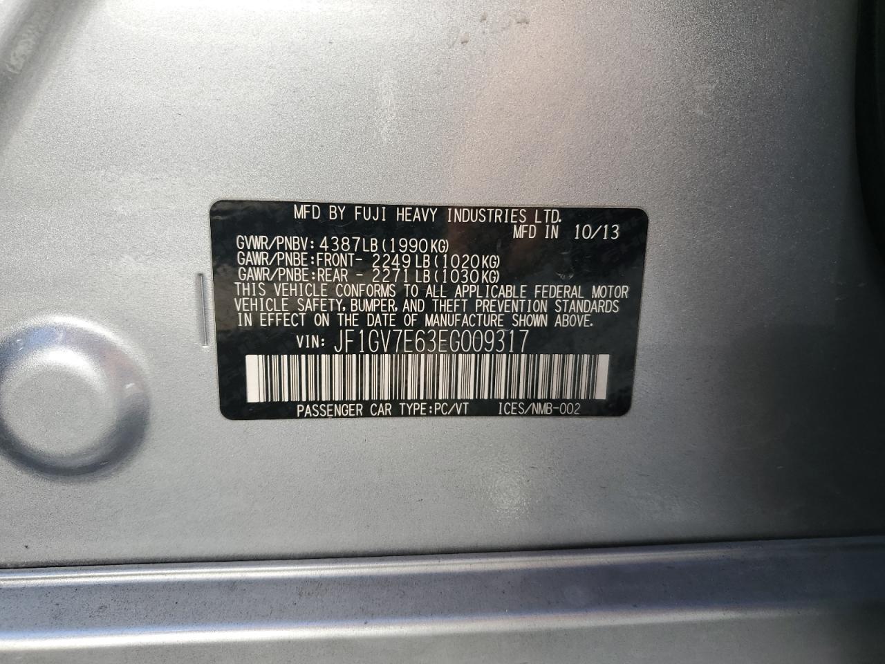 2014 Subaru Impreza Wrx VIN: JF1GV7E63EG009317 Lot: 81914015