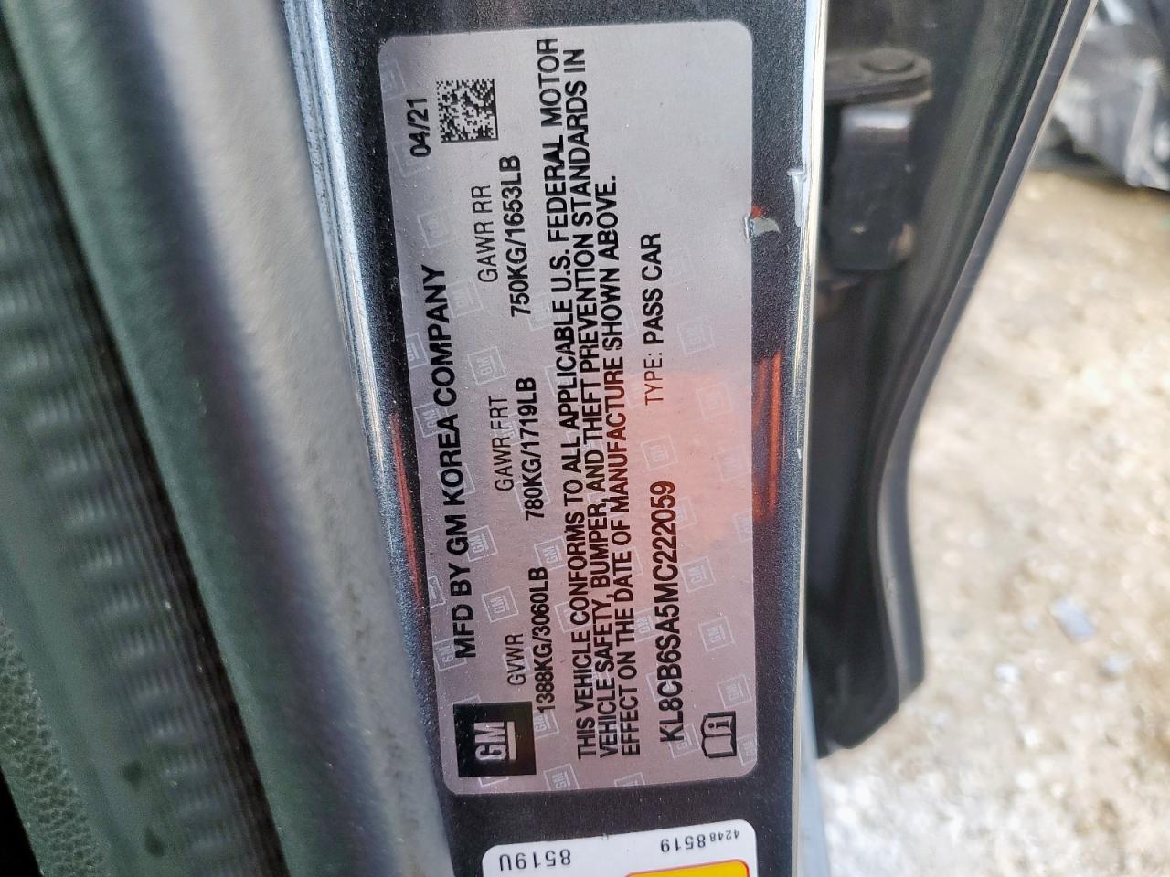 2021 Chevrolet Spark Ls VIN: KL8CB6SA5MC222059 Lot: 90497635