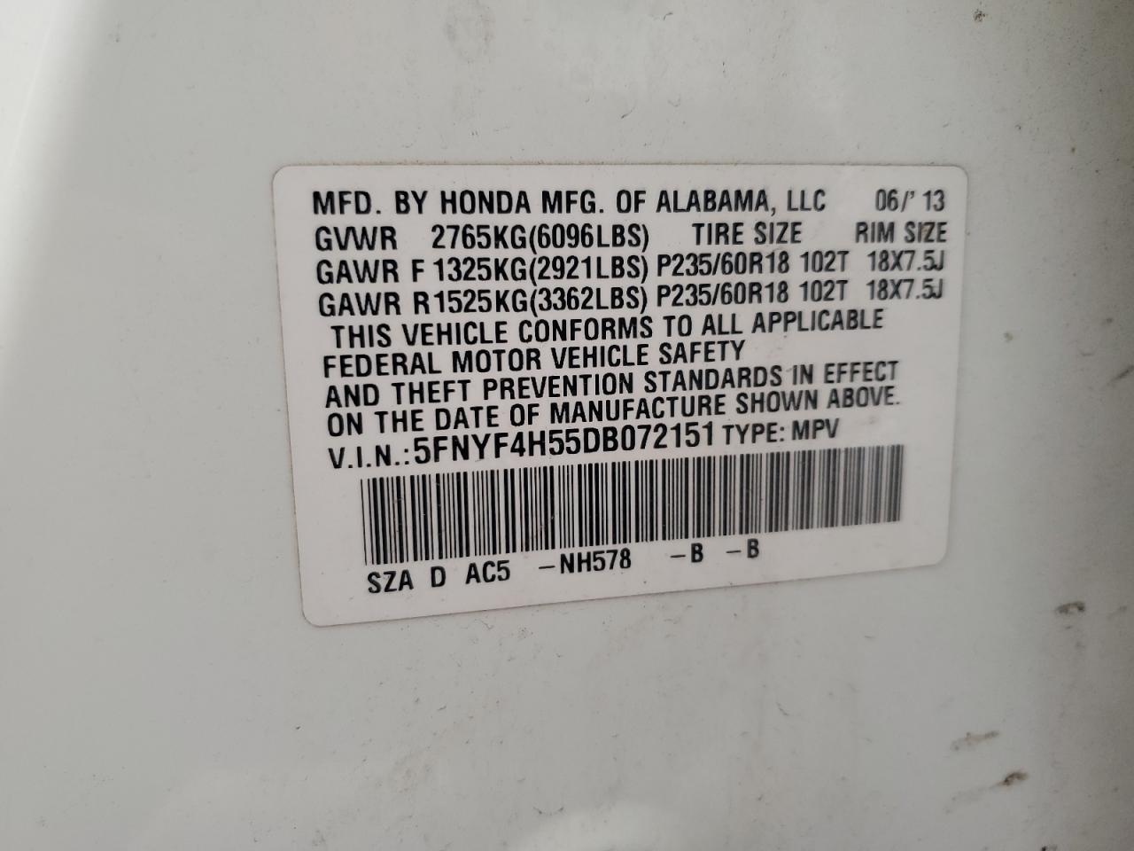 2013 Honda Pilot Exl VIN: 5FNYF4H55DB072151 Lot: 82418385