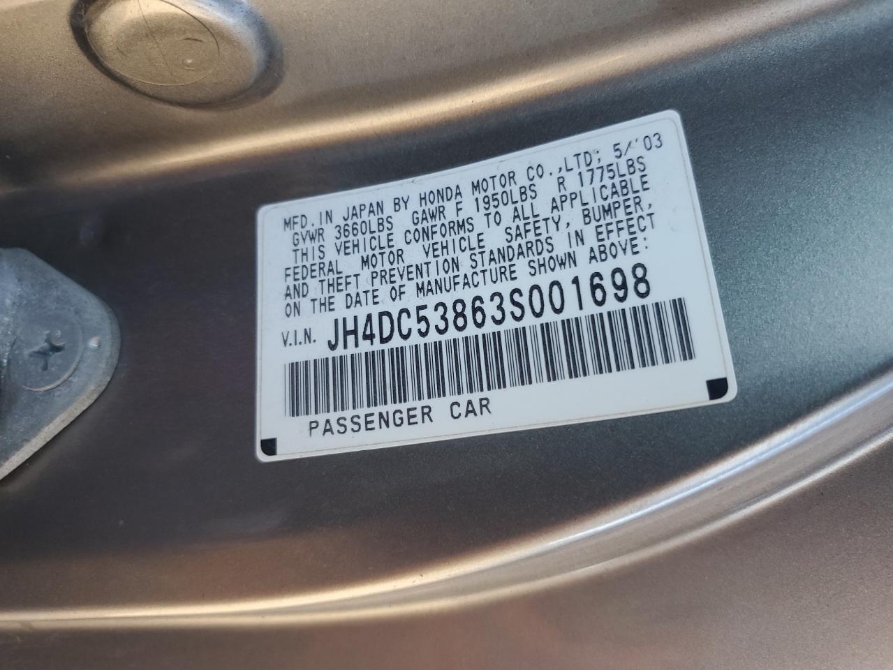 2003 Acura Rsx VIN: JH4DC53863S001698 Lot: 90892735