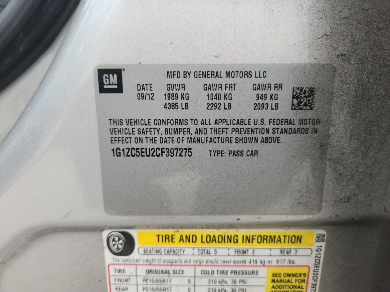 2012 Chevrolet Malibu 1Lt VIN: 1G1ZC5EU2CF397275 Lot: 89513165