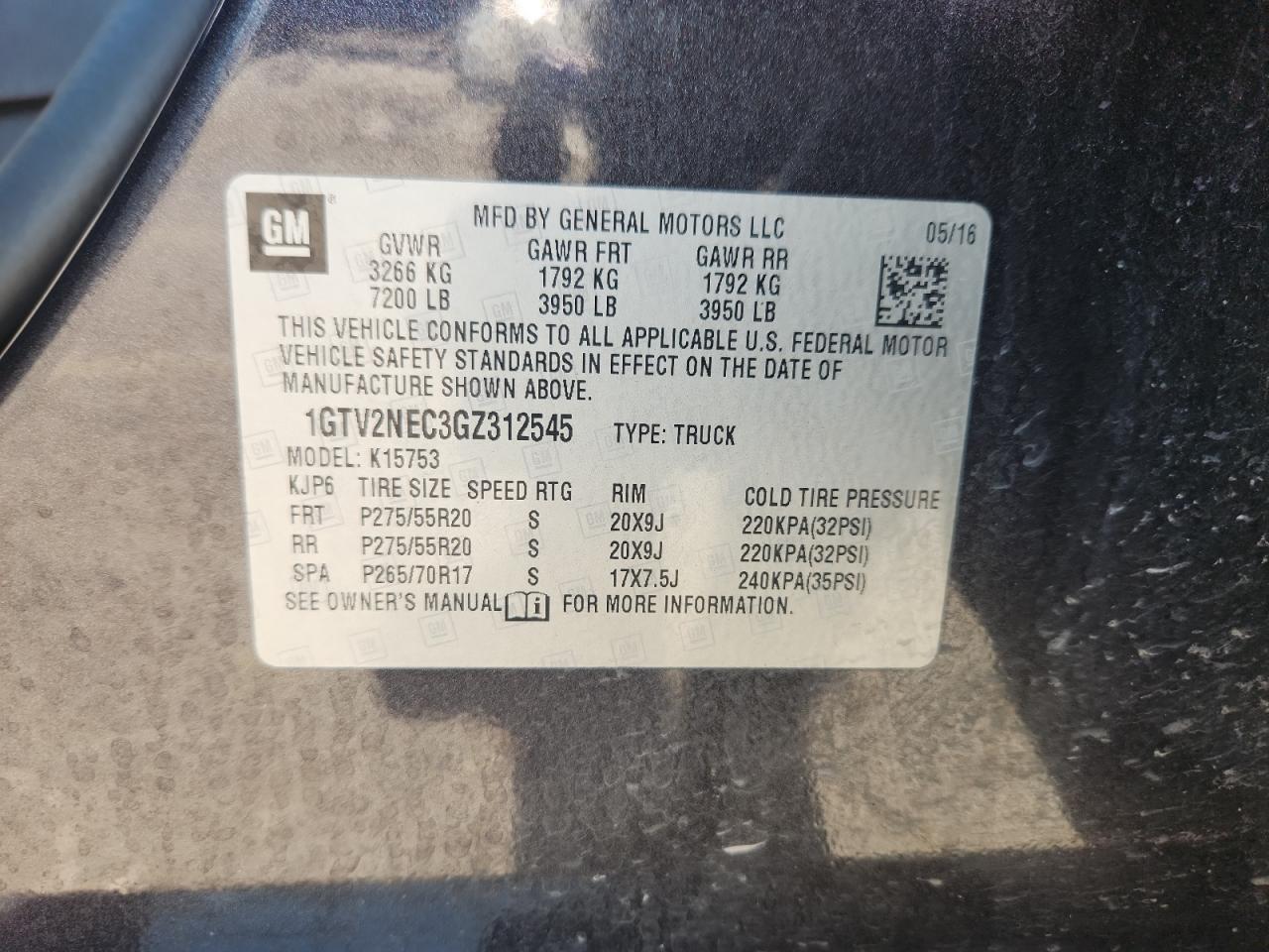 2016 GMC Sierra K1500 Slt VIN: 1GTV2NEC3GZ312545 Lot: 87077525