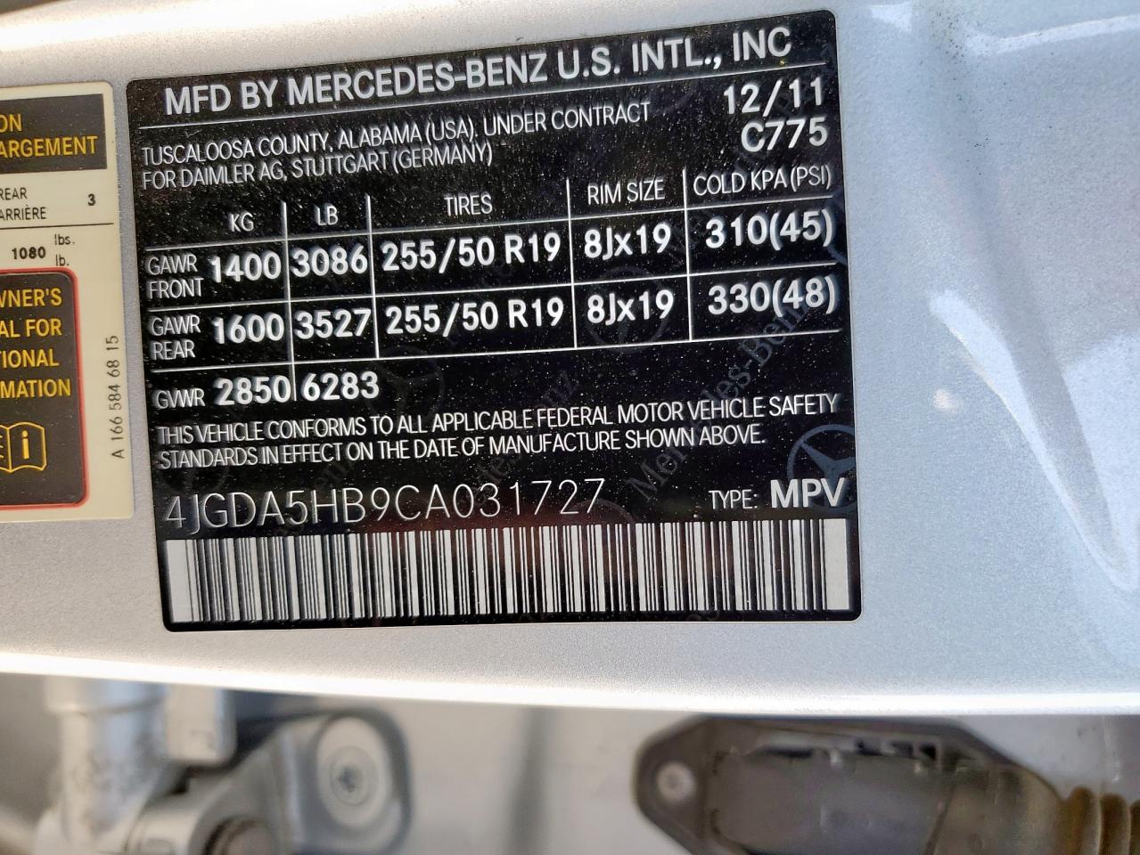 2012 Mercedes-Benz Ml 350 4Matic VIN: 4JGDA5HB9CA031727 Lot: 85337365