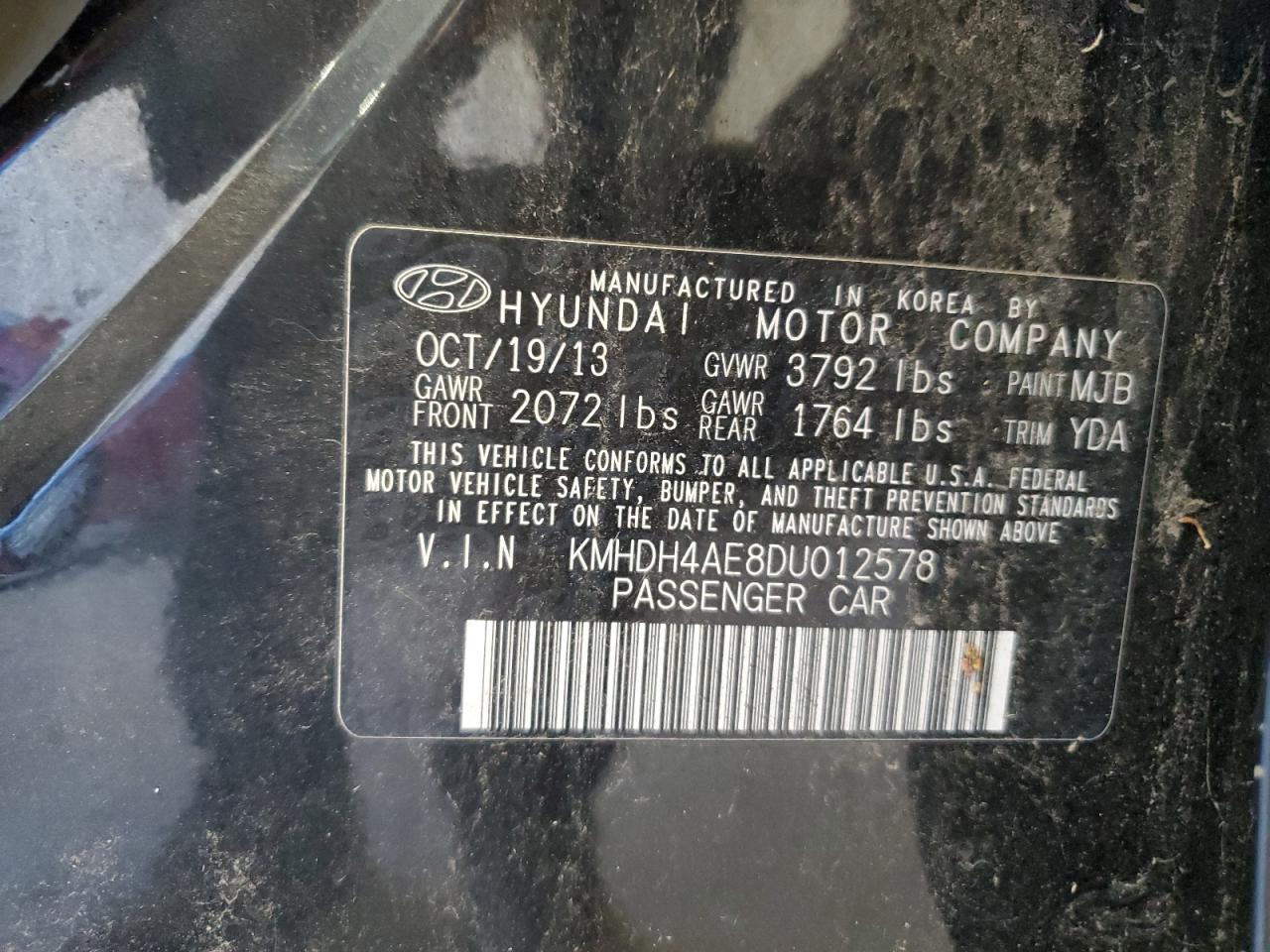2013 Hyundai Elantra Gls VIN: KMHDH4AE8DU012578 Lot: 87434545
