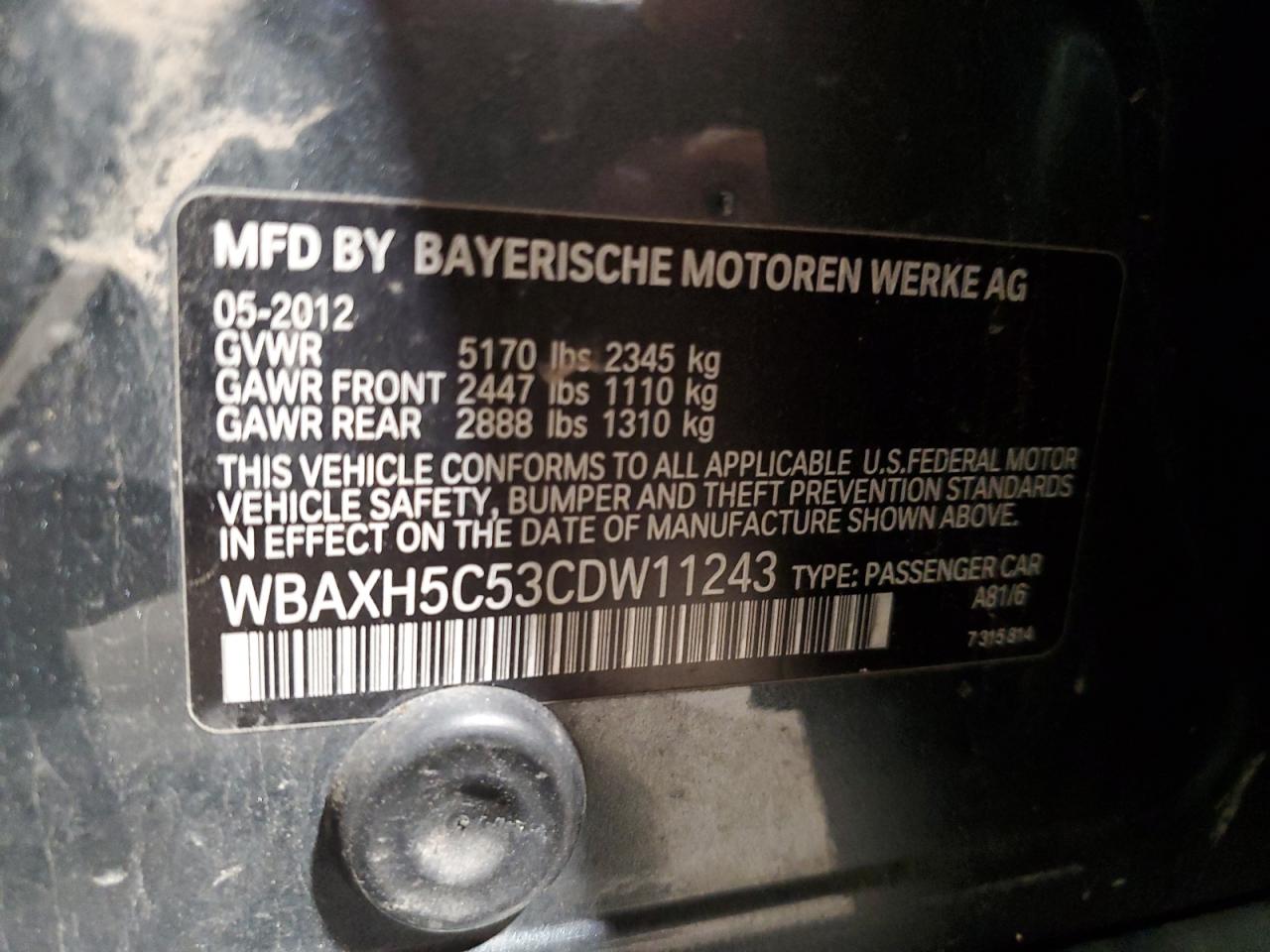 2012 BMW 528 Xi VIN: WBAXH5C53CDW11243 Lot: 84804915