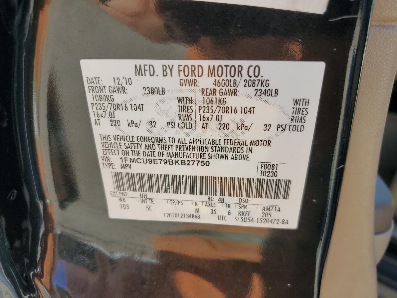 2011 Ford Escape Limited VIN: 1FMCU9E79BKB27750 Lot: 85282135