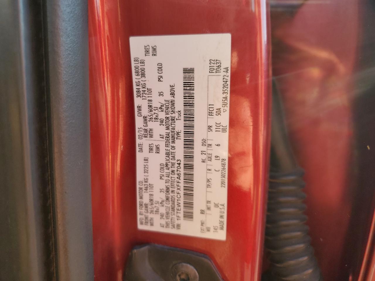 2015 Ford F150 Supercrew VIN: 1FTEW1CFXFFA67043 Lot: 90930935