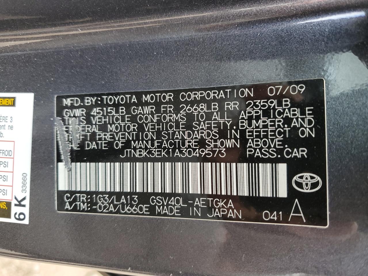 2010 Toyota Camry Se VIN: JTNBK3EK1A3049573 Lot: 82489765