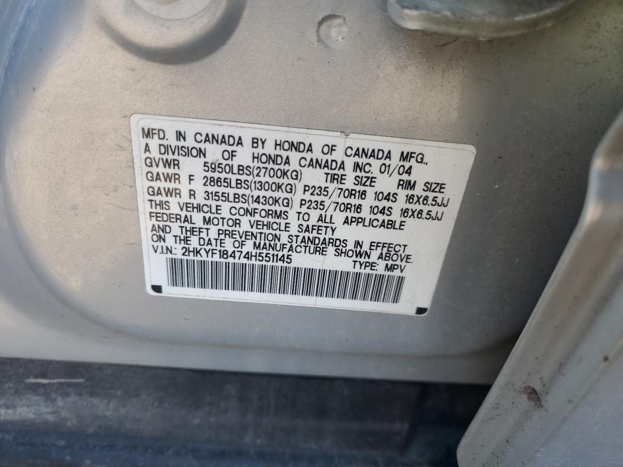 2004 Honda Pilot Ex VIN: 2HKYF18474H551145 Lot: 85820515