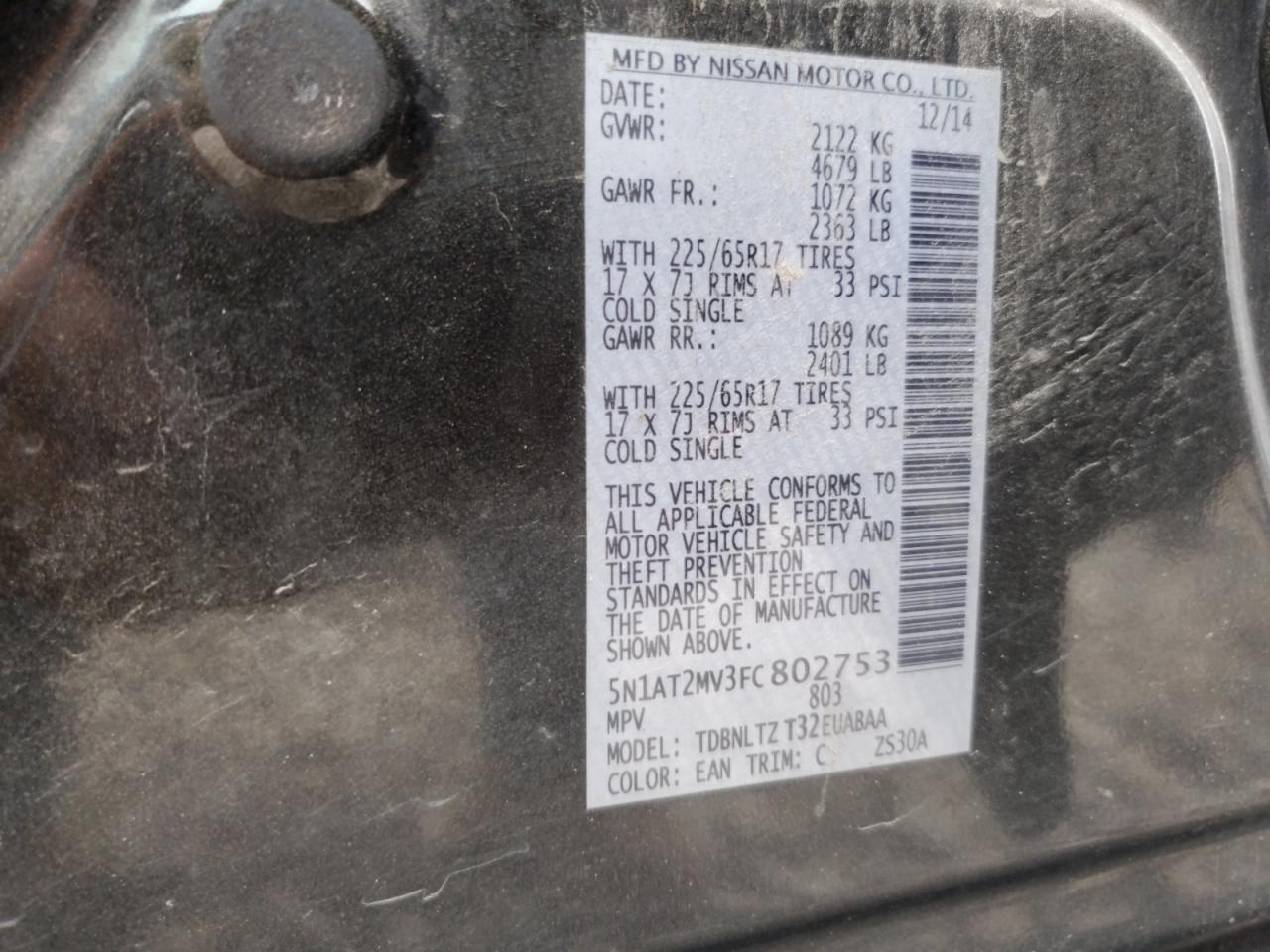 2015 Nissan Rogue S VIN: 5N1AT2MV3FC802753 Lot: 86218535