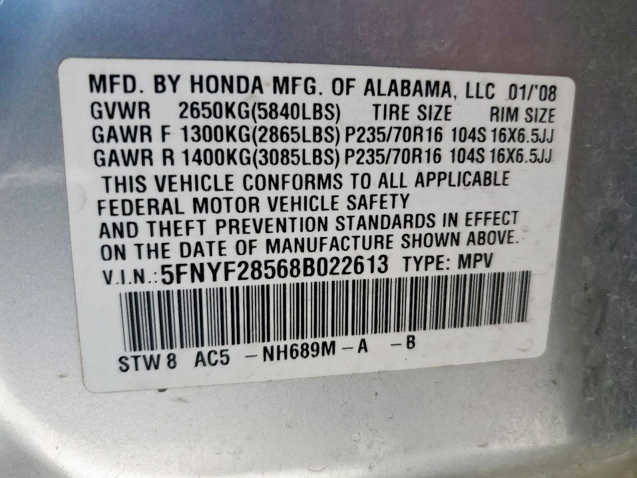 2008 Honda Pilot Exl VIN: 5FNYF28568B022613 Lot: 82449515