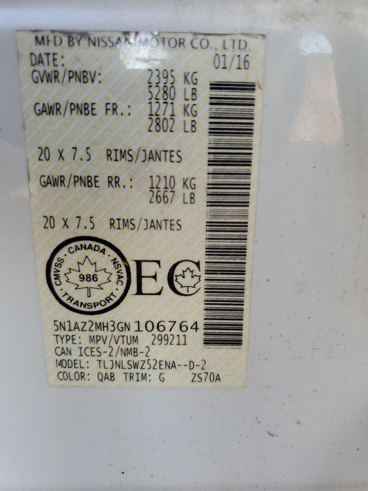 2016 Nissan Murano S VIN: 5N1AZ2MH3GN106764 Lot: 85196865