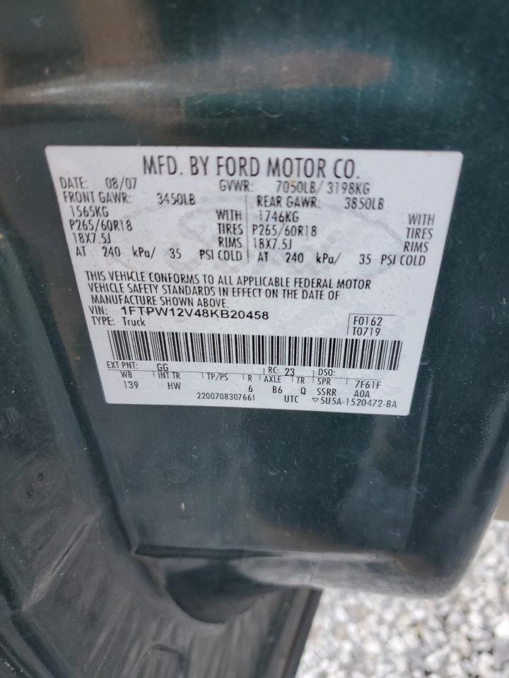 2008 Ford F150 Supercrew VIN: 1FTPW12V48KB20458 Lot: 85563845