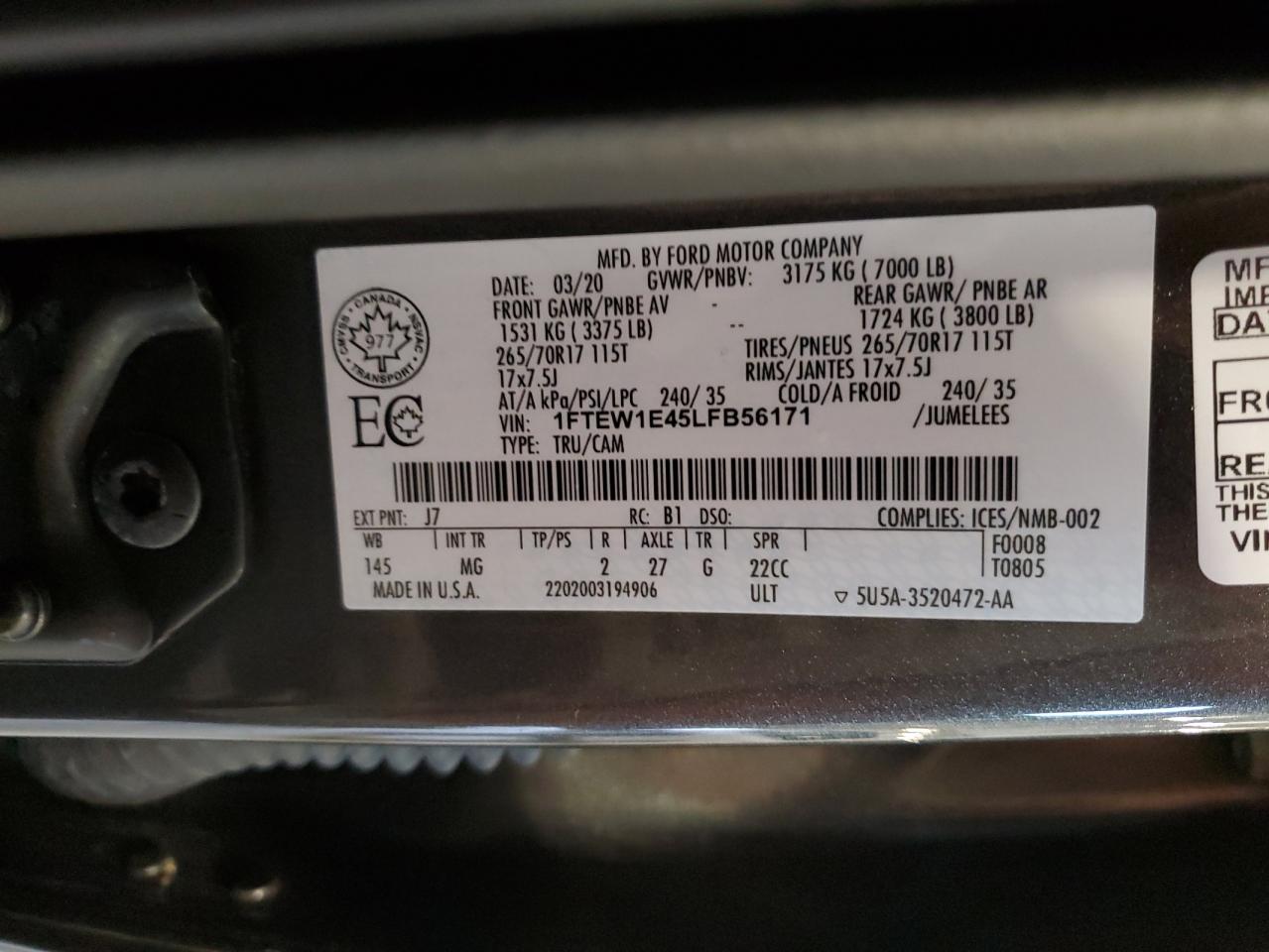 2020 Ford F150 Supercrew VIN: 1FTEW1E45LFB56171 Lot: 90486055