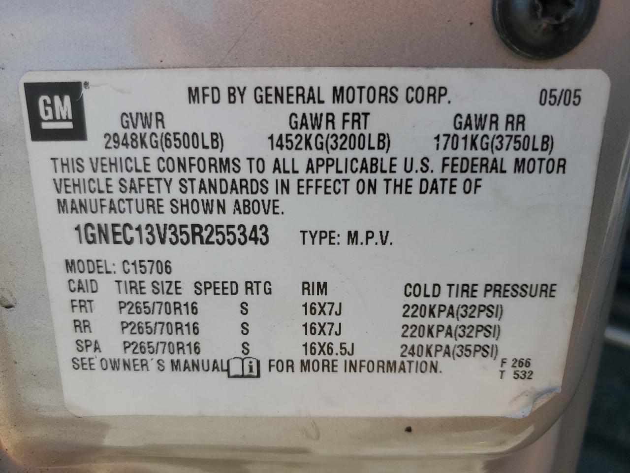 2005 Chevrolet Tahoe C1500 VIN: 1GNEC13V35R255343 Lot: 90680745