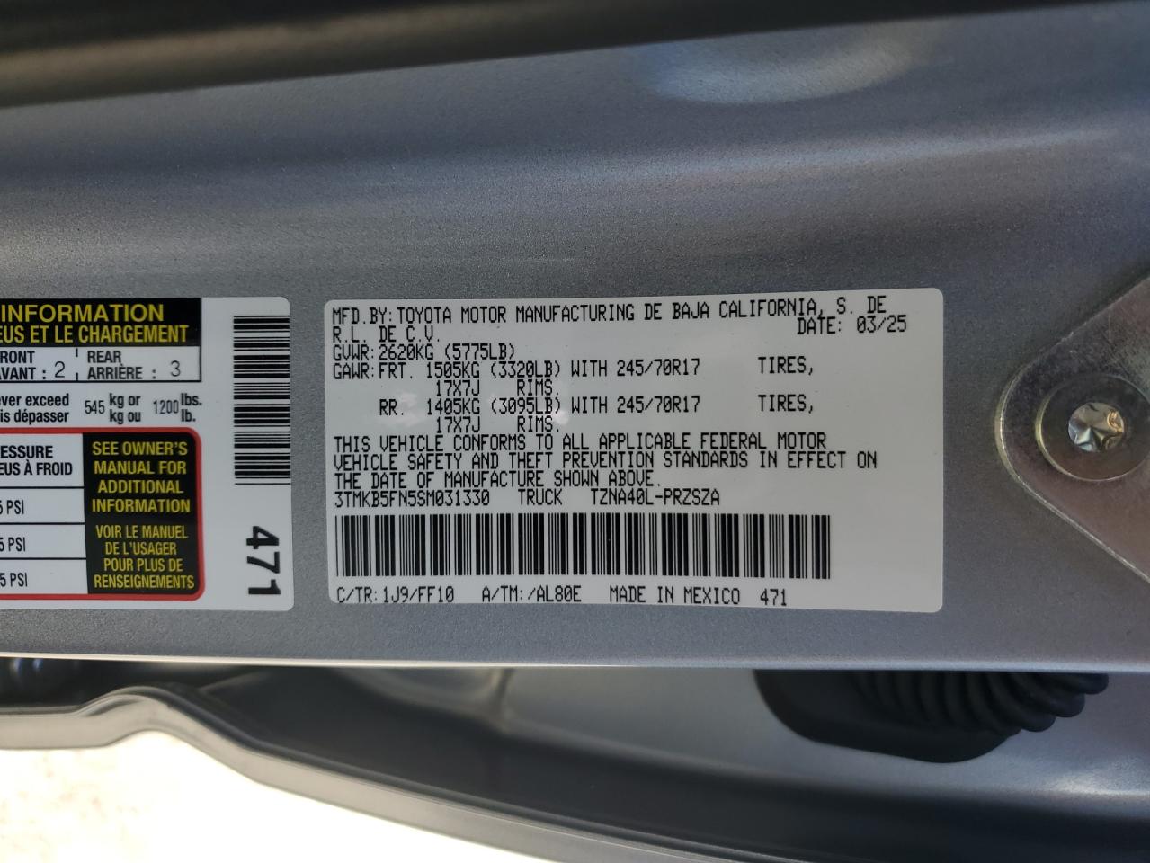 2025 Toyota Tacoma Double Cab VIN: 3TMKB5FN5SM031330 Lot: 87477575